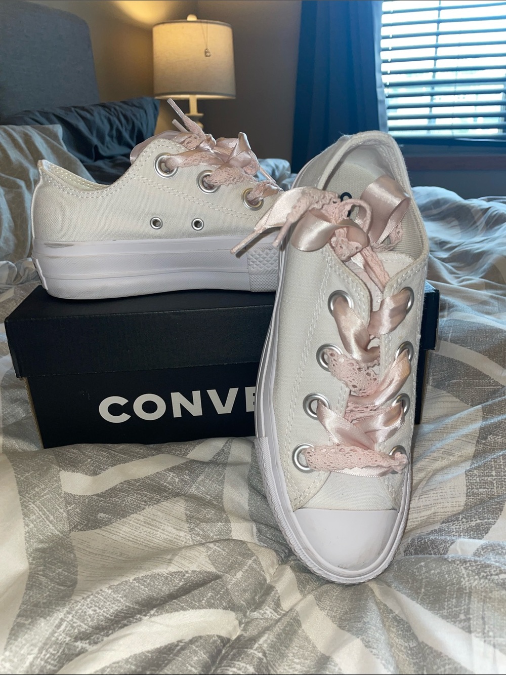 Converse White Low-Top Sneakers with Pale Pink Ribbon Laces
